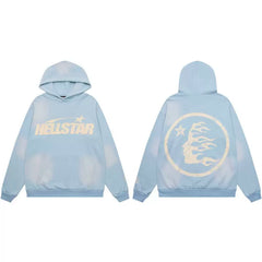 Hellstar Sky‑Blue Cloud Wash Circle Logo Hoodie Street‑wear Pullover Sweatshirt